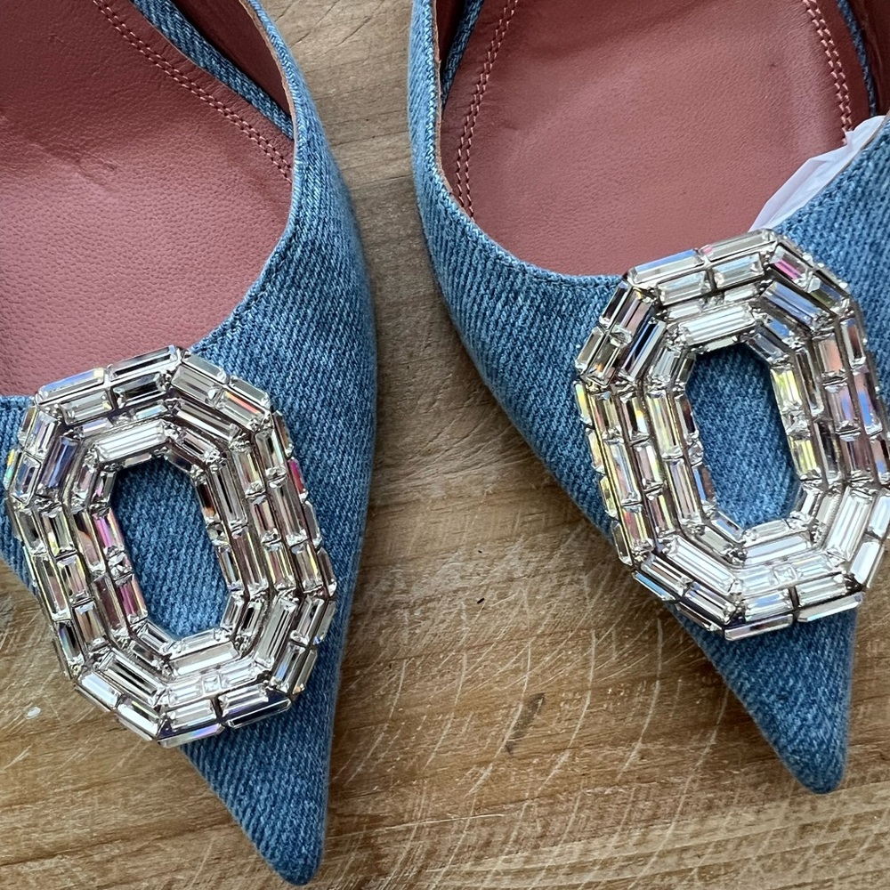 Amina Muaddi 60mm Camelia Slingback Pointed Toe Pumps Denim Size 40 New - Picture 6 of 13